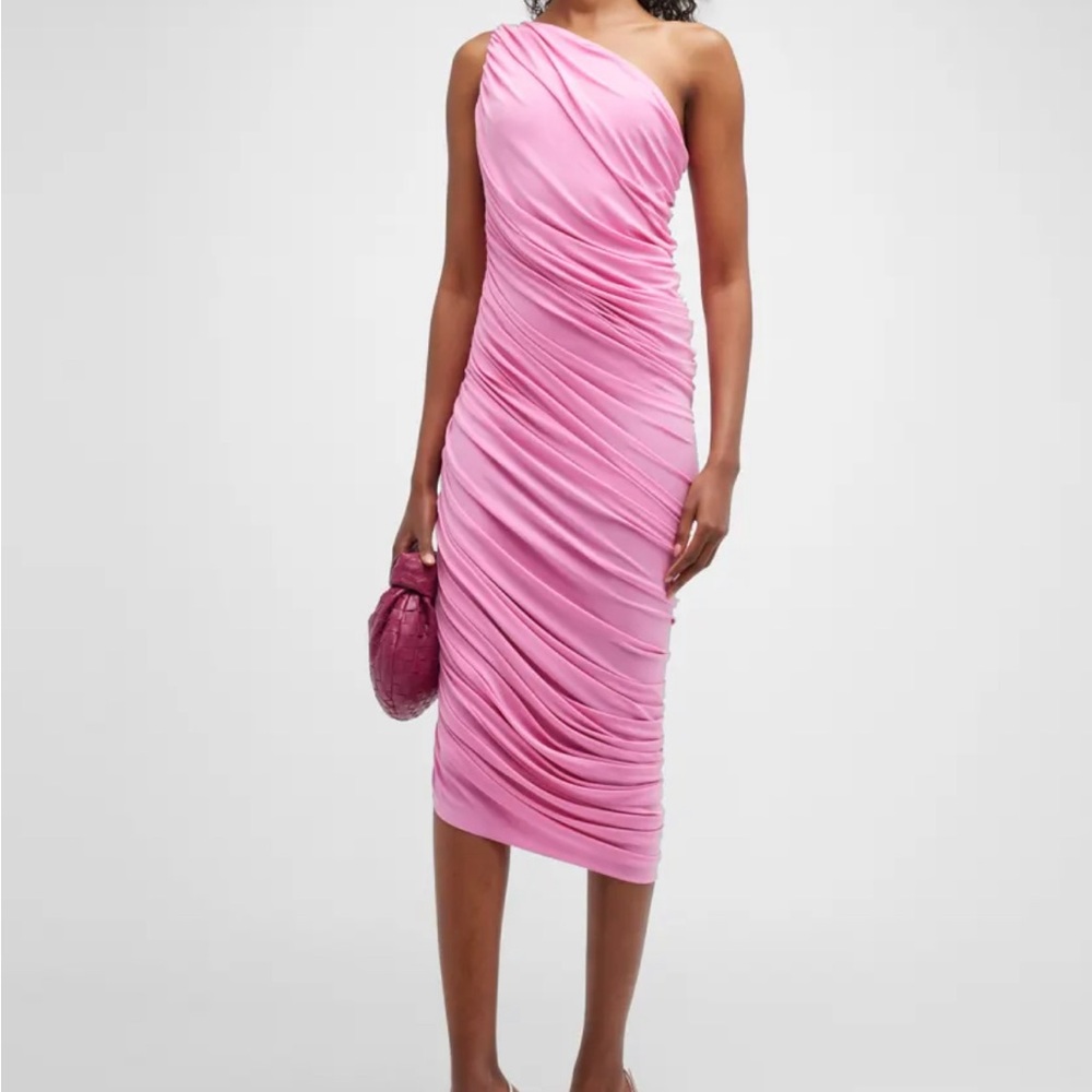 Norma Kamali Diana Shirred One-Shoulder Knee-Length Dress